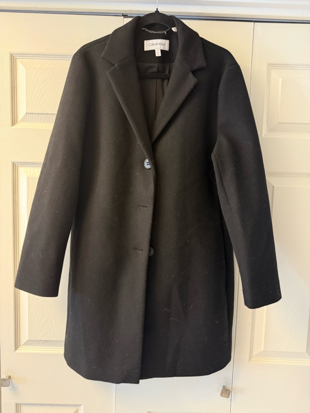 Calvin Klein Women's Black Wool Blend Single-Breasted Coat Large